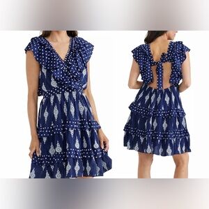 Talisman Kiki Navy Blue Ruffle Tiered Mini Dress Open Back Boho Resort XS